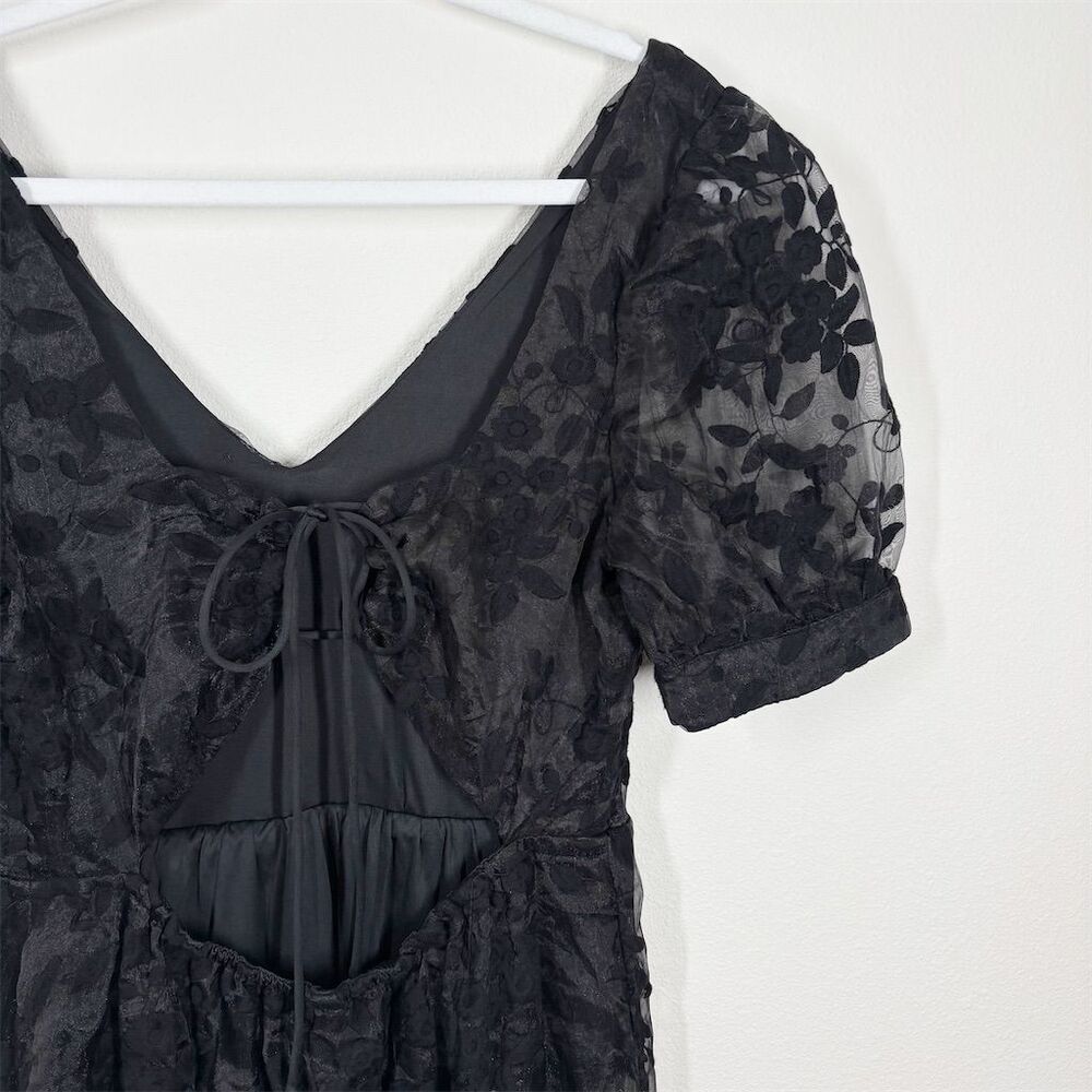 Lulus Be My Date Floral Embroidered High-Low Midi Dress Size L Black Puff Sleeve - Picture 7 of 13